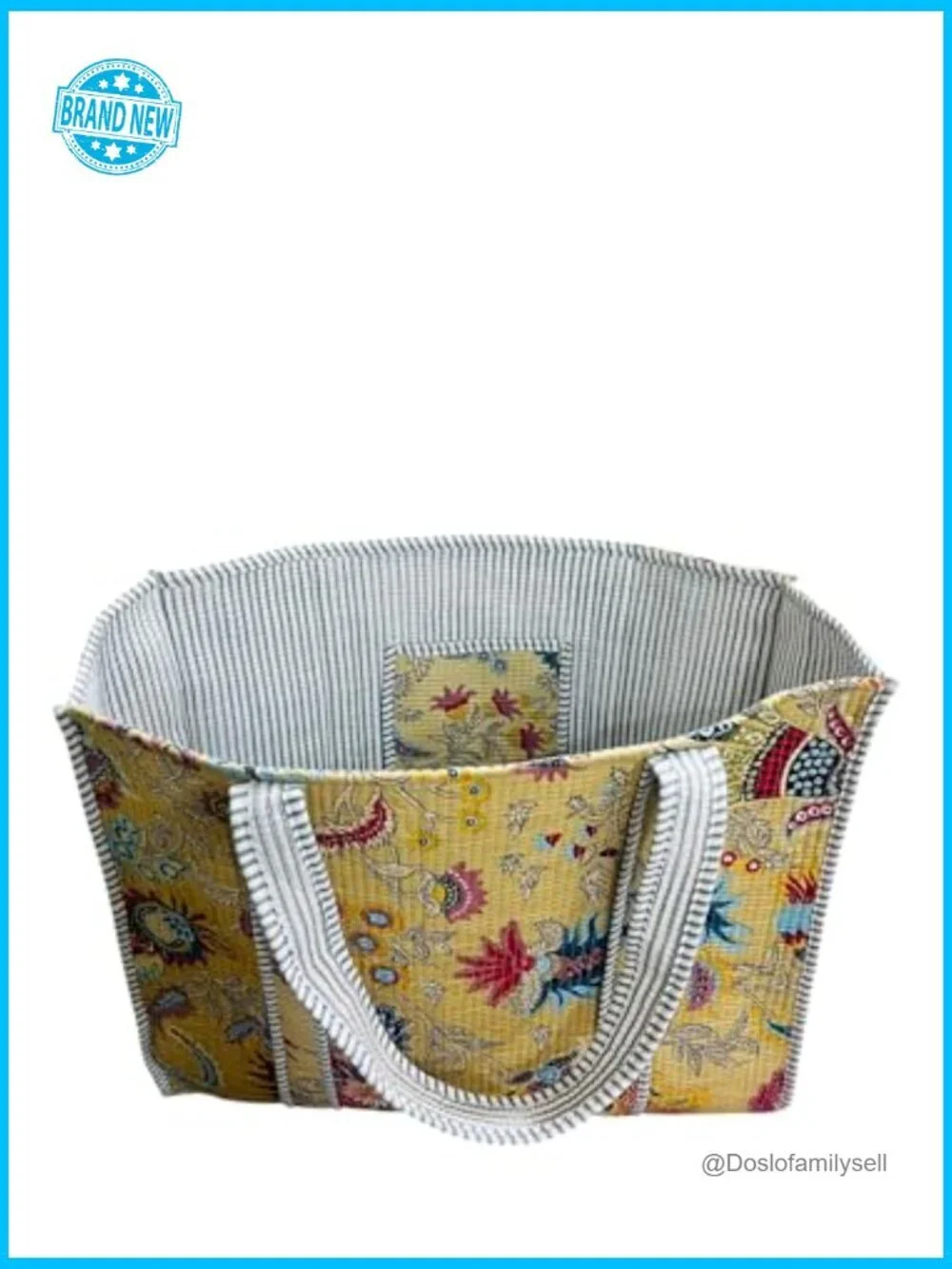 Floral Quilted Cotton Shoulder Tote Bag Handblock Printed Open Top Shopping Tote